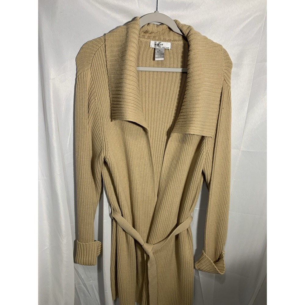 KIKIT‎ MKM DESIGN Cardigan Sweater tan XL Open Front long ribbed belted cuff slv